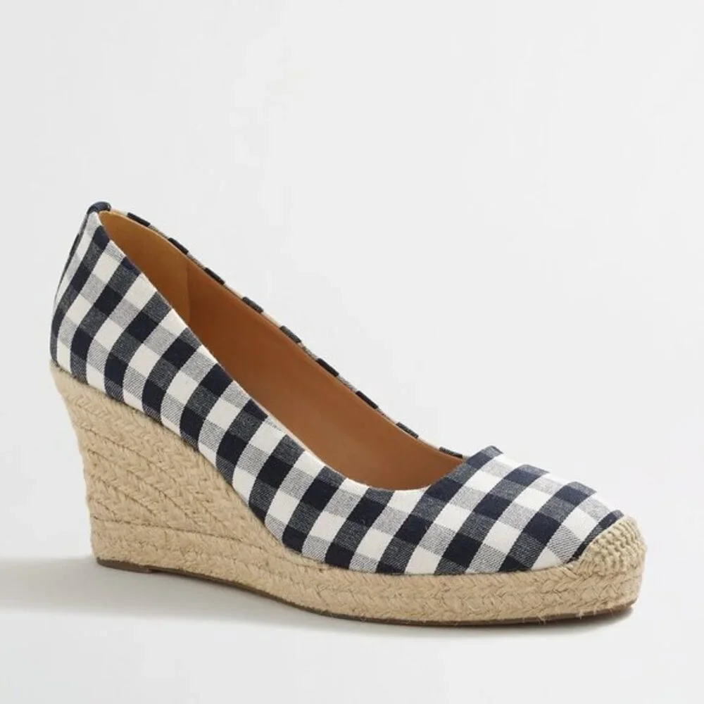 J. Crew Factory Gingham Print Espadrille Wedges in Navy Blue/Ivory Size 10
